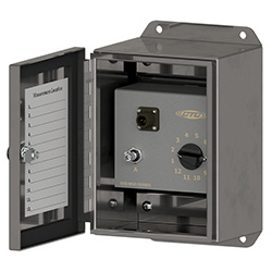 A render of a CTC SSB2000 stainless steel, modular switch box shown with cover unlatched.
